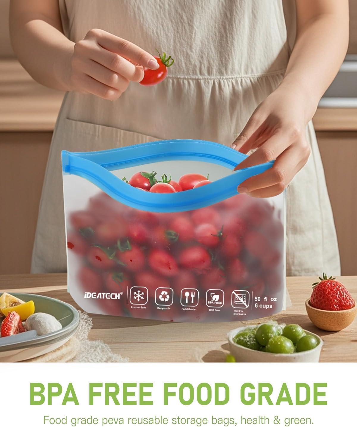 IDEATECH Food Storage Containers, BPA Free PEVA Reusable Gallon Freeezer Bags, Reusable Quart Size Sandwich Bag, Leakproof Baggies for Travel, Lunch, Healthy Food (8Gallon 6Quart 6Snack, Grey)