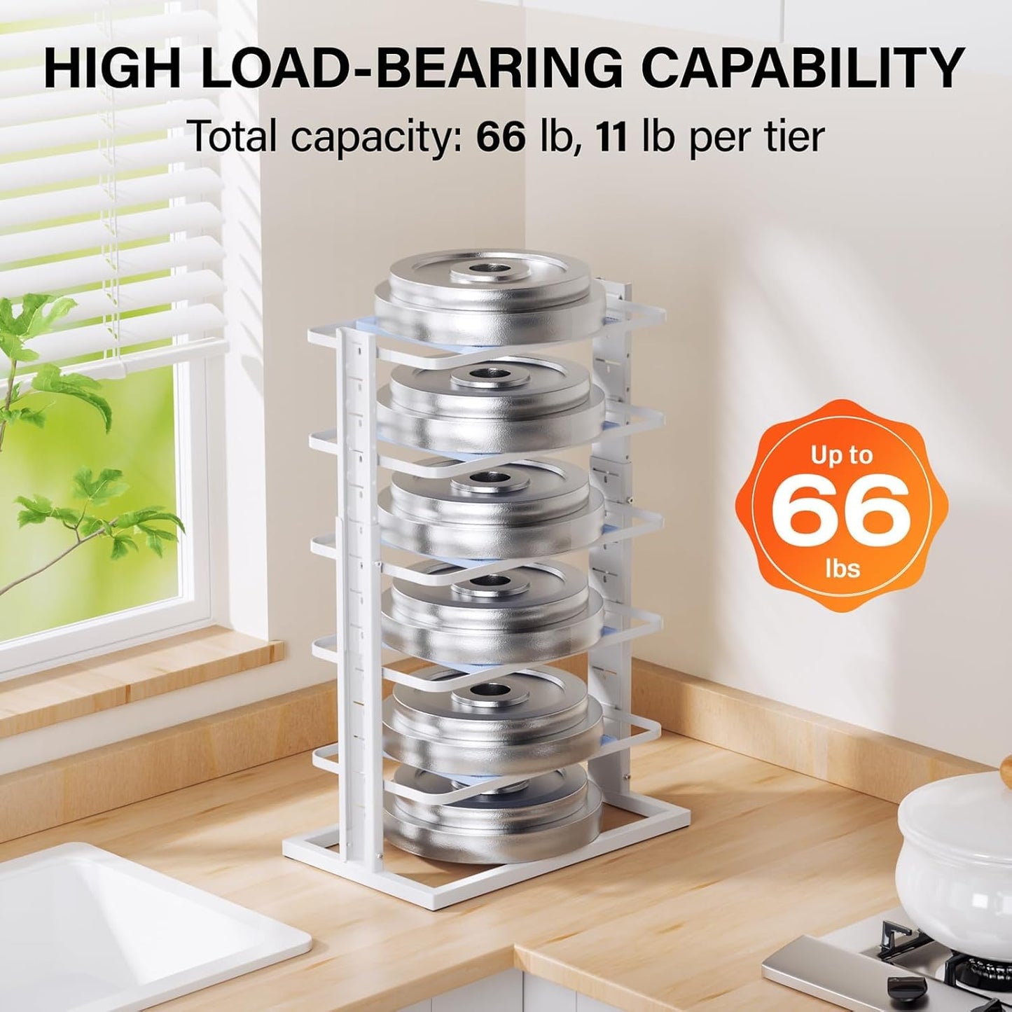 LAMU Pots and Pans Organizer for under Cabinet，6-Tier Heavy Duty Adjustable Pan Pot Organizers inside Cabinet, Pot Rack for Kitchen Cabinet Organization and Storage White