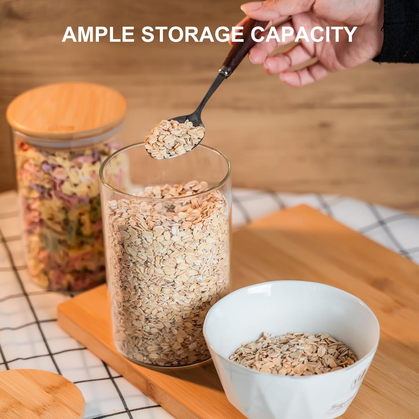 Glass Food Storage Jars Set of 8,26oz-Glass Storage Containers Clear Glass Food Canister with Bamboo Lid Airtight For Serving Tea, Coffee, Flour,Candy, Cookie, Spice(Round-8CMx15CM)