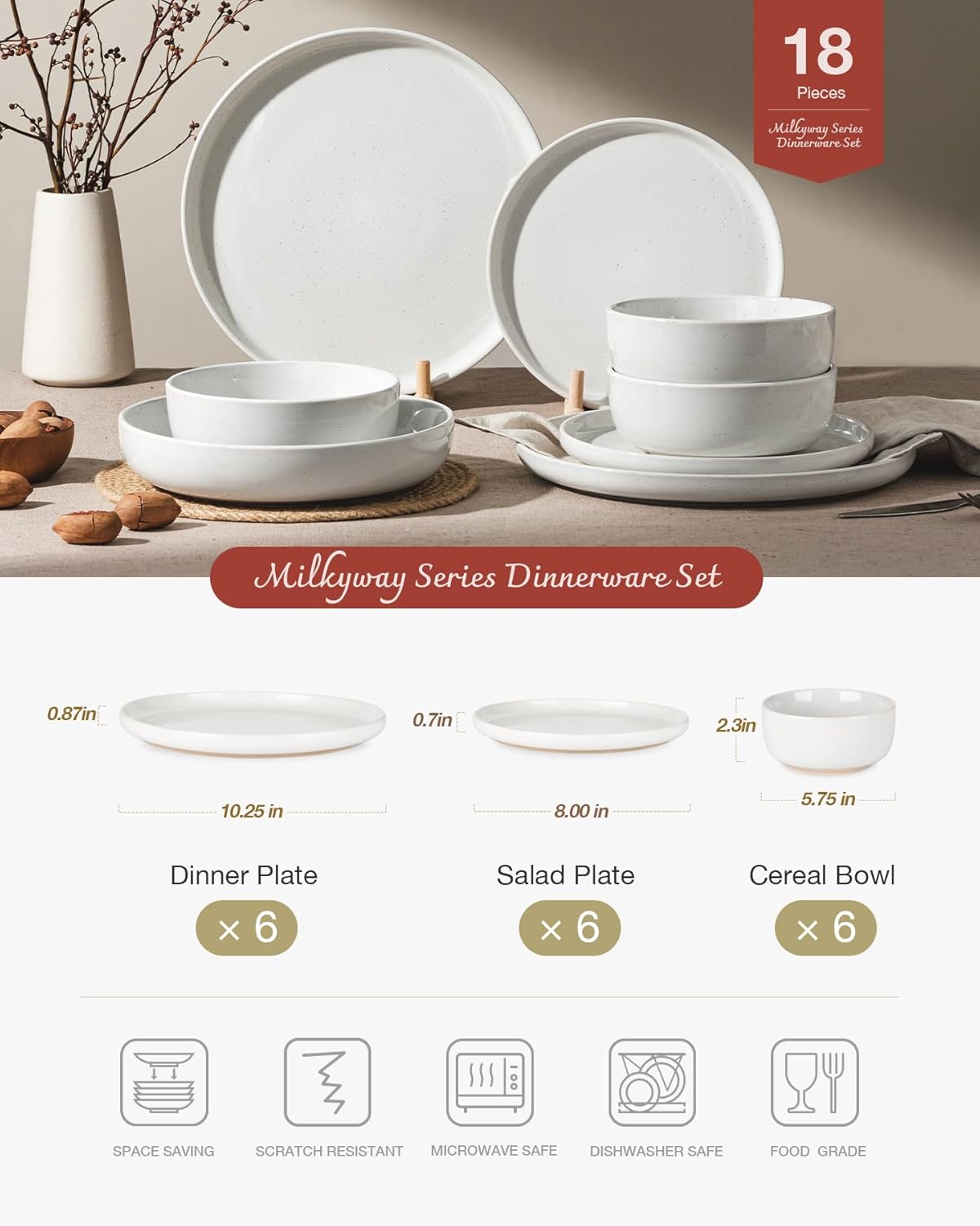 Famiware Milkyway Plates and Bowls Set, 18 Pieces Dinnerware Sets, Dishes Set for 6, White