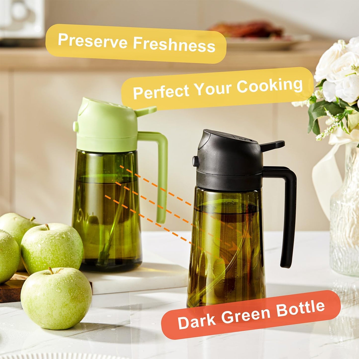 CXINYI - 16oz/470ml Olive Oil Dispenser for Kitchen with Stickers - 2 in 1 Olive Oil Sprayer for Cooking, Air Fryer, and Salad, Black&White (Light-Proof Kitchen Gadget)