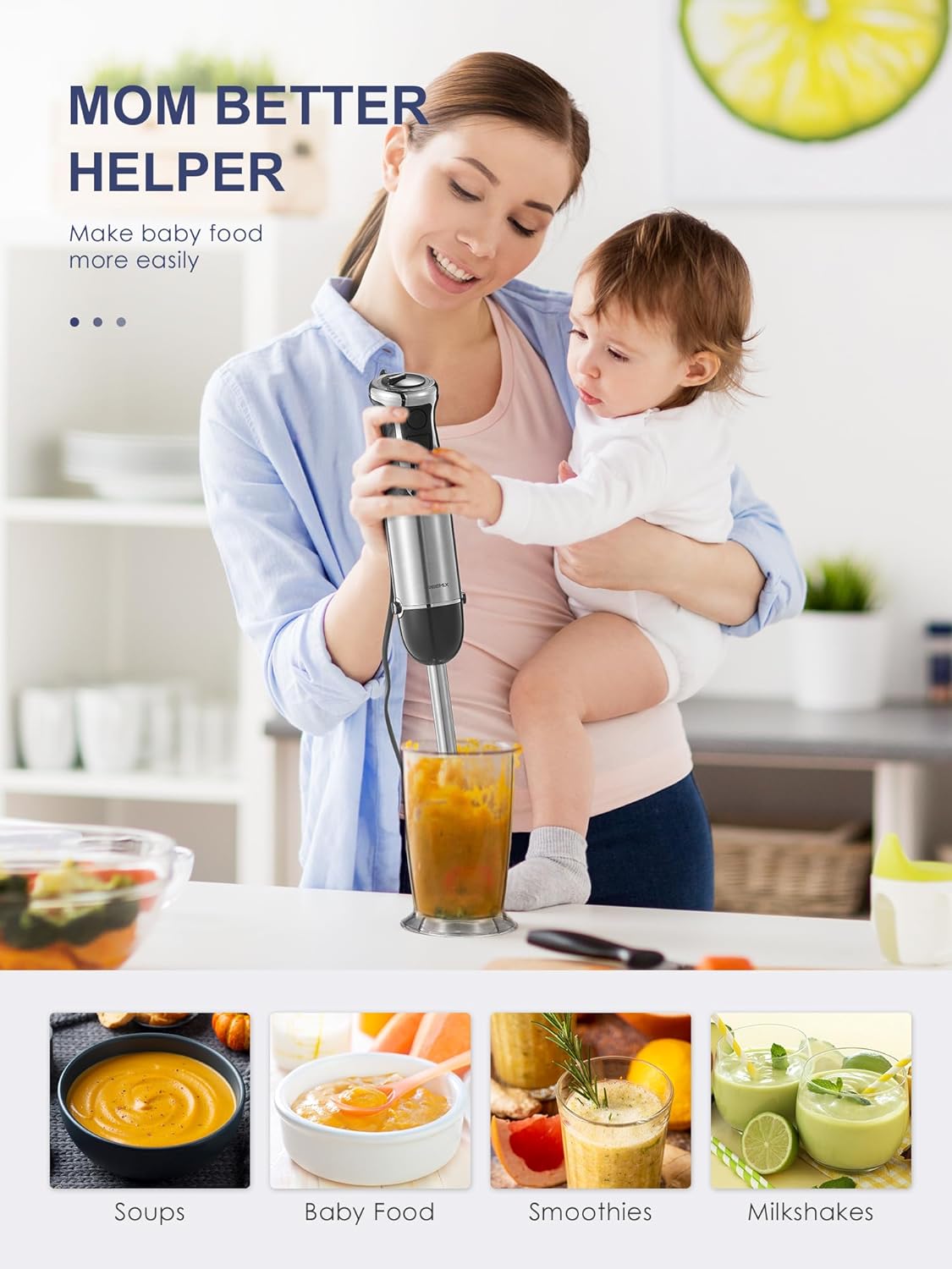 5-in-1 Hand Immersion Blender, 1000W Handheld, Copper Motor Stainless Steel Blade Stick, Mixing Beaker, Food Processor, Whisk, Milk Frother for Smoothies Puree Baby Food (Black)