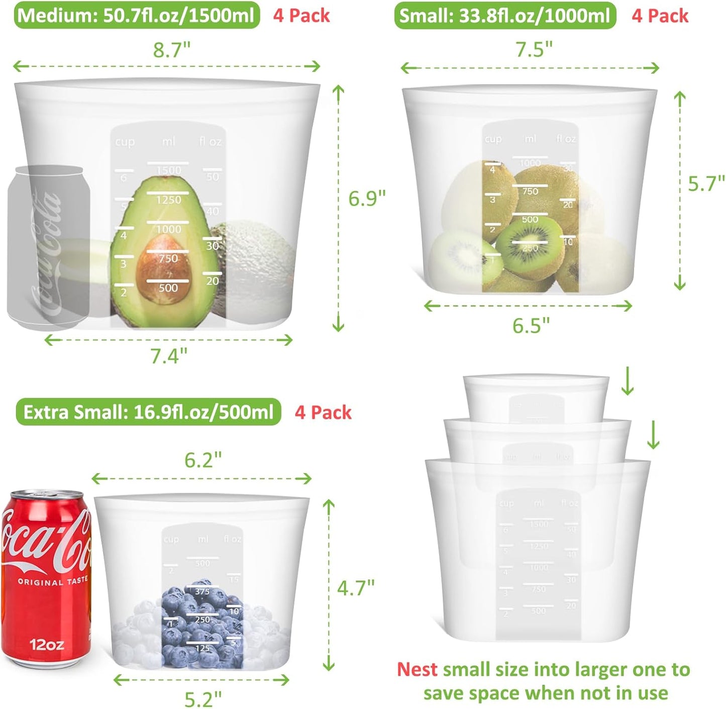 Reusable Storage Bag, 12 Pack 100% Silicone Food Storage Bags Stand Up Silicone Zip Lock Bags for Food Container, Freezer Microwave Oven Dishwasher Safe, 4 Medium 4 Small 4 Extra Small, Translucent