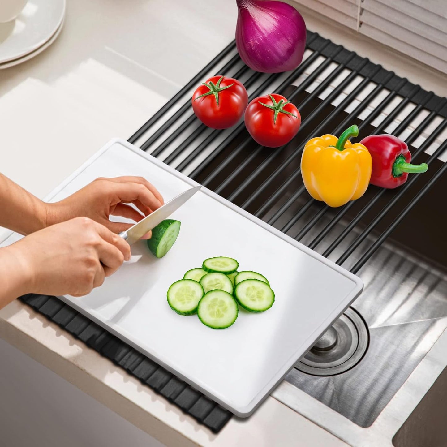Roll Up Dish Drying Rack Over The Sink Kitchen Roll Up Sink Drying Rack Multipurpose Foldable Sink Drying Mat, Heat-Resistant, Anti-Slip & Anti-Rust Dish Rack for Kitchen, 17" x 13", Black