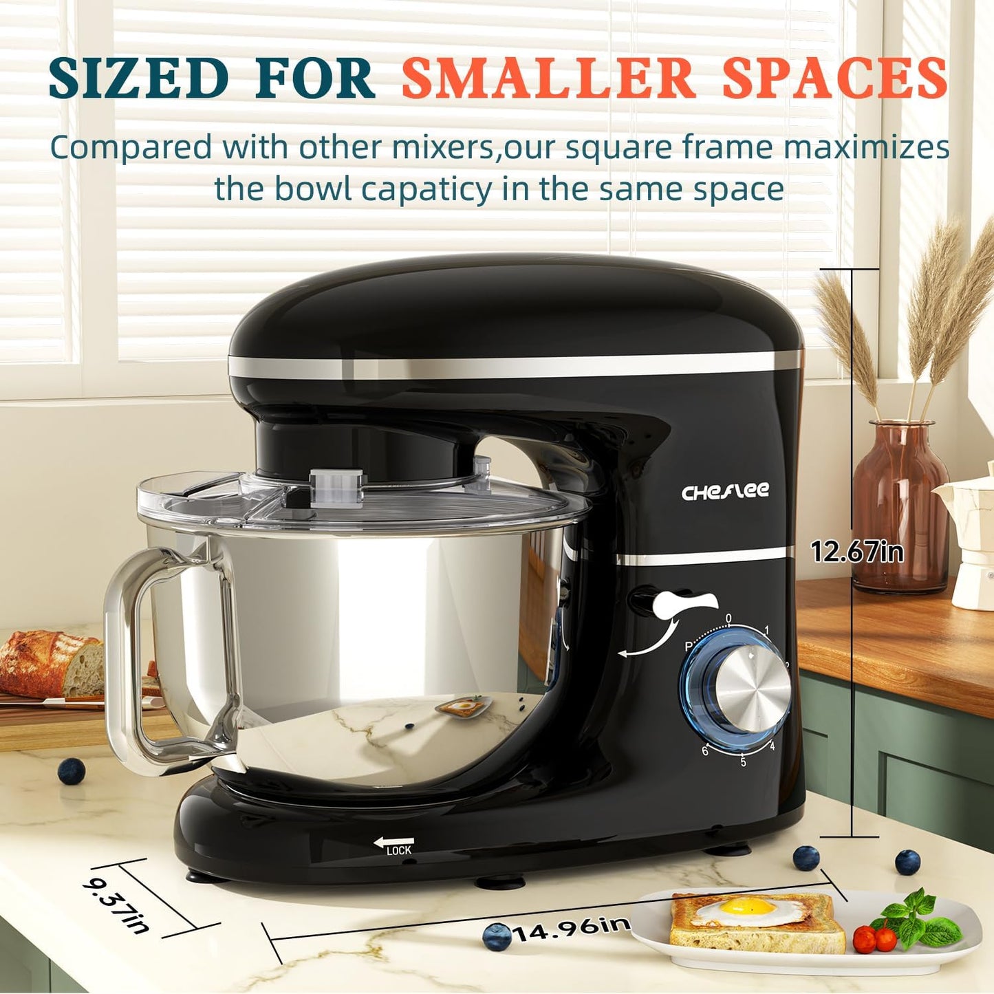 CHeflee Stand Mixer,600W 6+P With 6.5QT Stainless Steel Bowl,Dough Hook, Wire Whip & Beater,for Most Home Cooks,Black