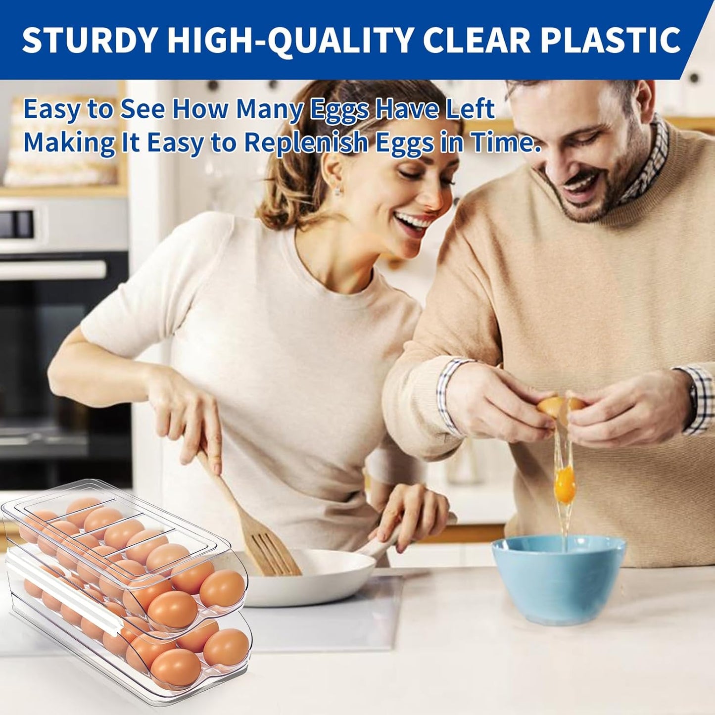 Egg Holder for Fridge, Automatic Rolling Egg Organizer for Refrigerator, Clear Plastic Egg Container & Tray, Stackable Dispenser and Storage with Sturdy Lid to Saving Space -1 Layer