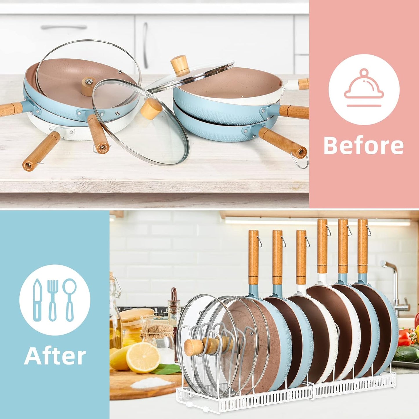 Expandable Pot & Pan Organizer - Cabinet Cookware Rack with 10 Adjustable Compartments & Pot Lid Holder