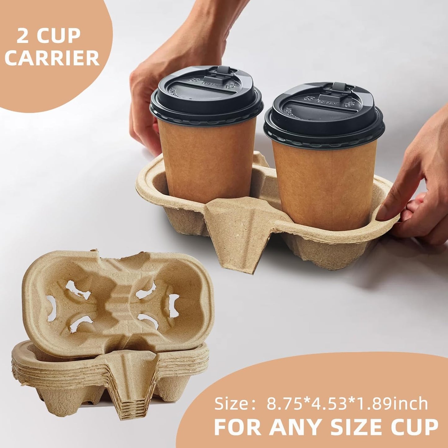 Coffee Cup Holder Disposable Cup Holder Tray, Two Cup Carrier Tray 100 Pack,Biodegradable, Eco-Friendly Drink Carrier For Delivery Of Hot Or Cold Drinks (Two-cup size tray)