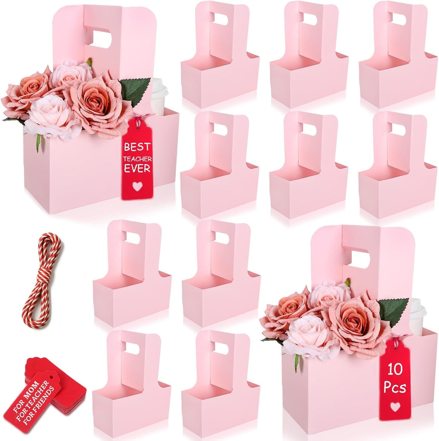 10 Pack 2 Cup Disposable Pink Drink Carrier with Handle Paperboard Coffee Cup Holder Portable for Hot Cold Drinks Food Delivery Services with Heart Card for Teacher Appreciation Week Mother's Day