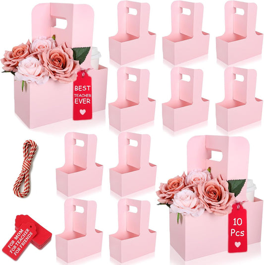 10 Pack 2 Cup Disposable Pink Drink Carrier with Handle Paperboard Coffee Cup Holder Portable for Hot Cold Drinks Food Delivery Services with Heart Card for Teacher Appreciation Week Mother's Day