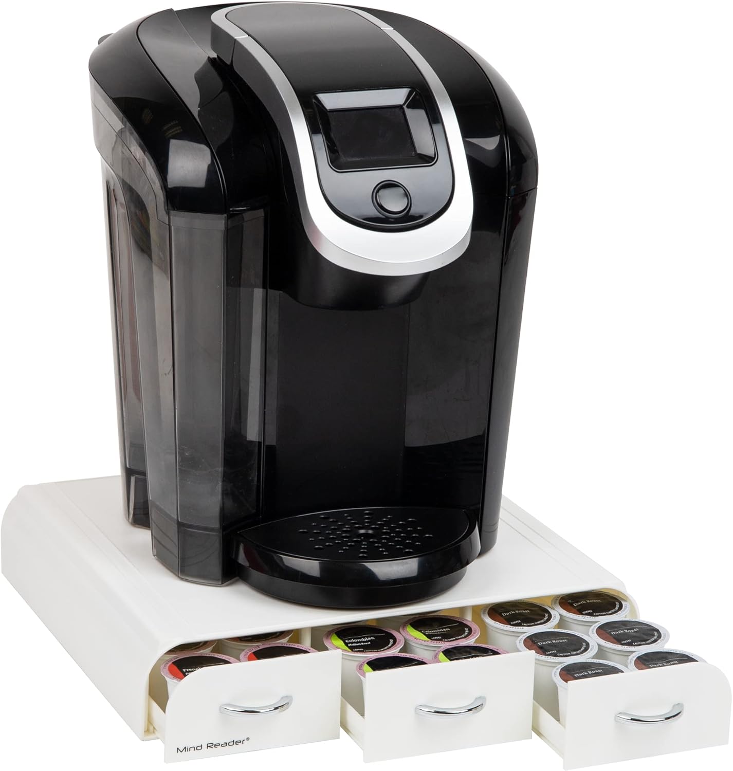 Mind Reader Single Serve Coffee Pod Organizer with 3 Drawers, 36 Pod Capacity, Countertop , 12.25"L x 13.5"W x 2.5"H, White