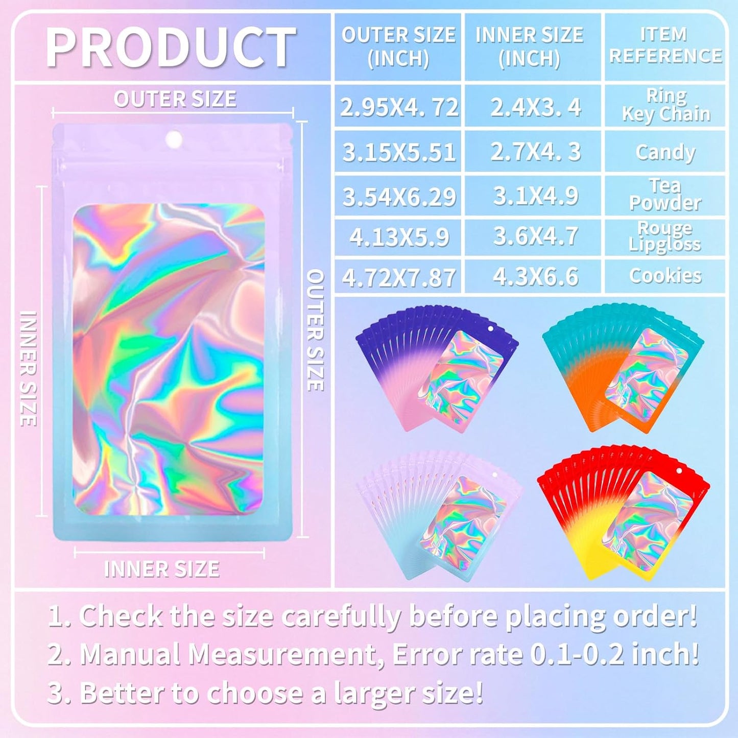 200 Pack Resealable Mylar Holographic Bags Food Storage Smell Proof Bags with Front Window Foil Packaging Pouch for Candy Sample Jewelry Small Business 3.15×5.51 Inch, Blue Fade Orange
