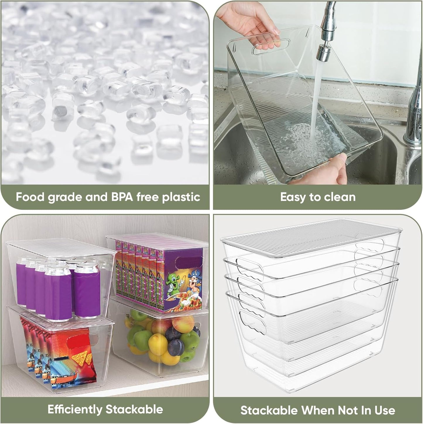 BALEINE Clear Stackable Storage Bins with Lids, Plastic Containers with Handle for Pantry Organizers and Storage, Plastic Bins for Fridge, Kitchen, Bathroom, Cabinet (11x7.5x6, 4PK)