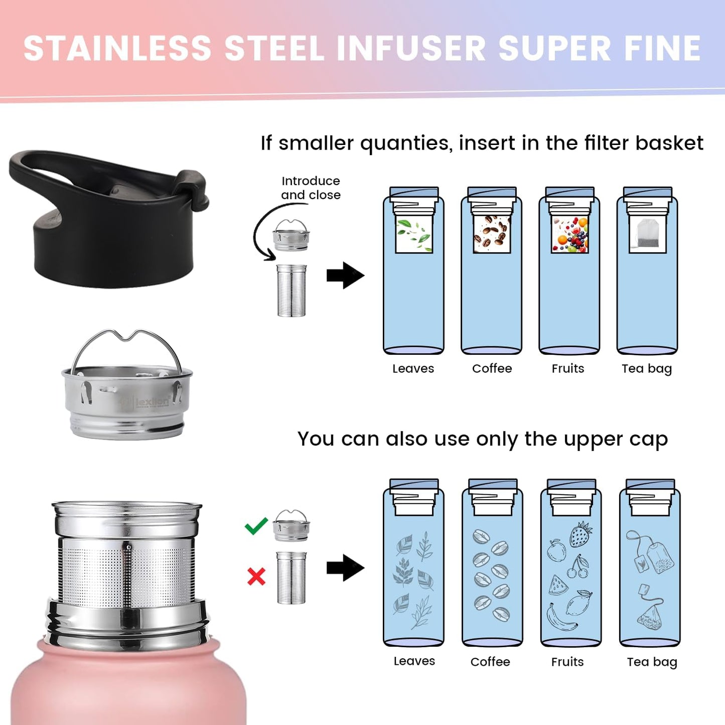 Lexlion Tea Infuser Bottle - Fruit Infuser Water Bottle 32 Oz, Triple Walled Insulated Stainless Steel, Thermal Leaf Infusion, Silicone Sleeve, 3 Lids Leakproof, Metal Mug Gallon