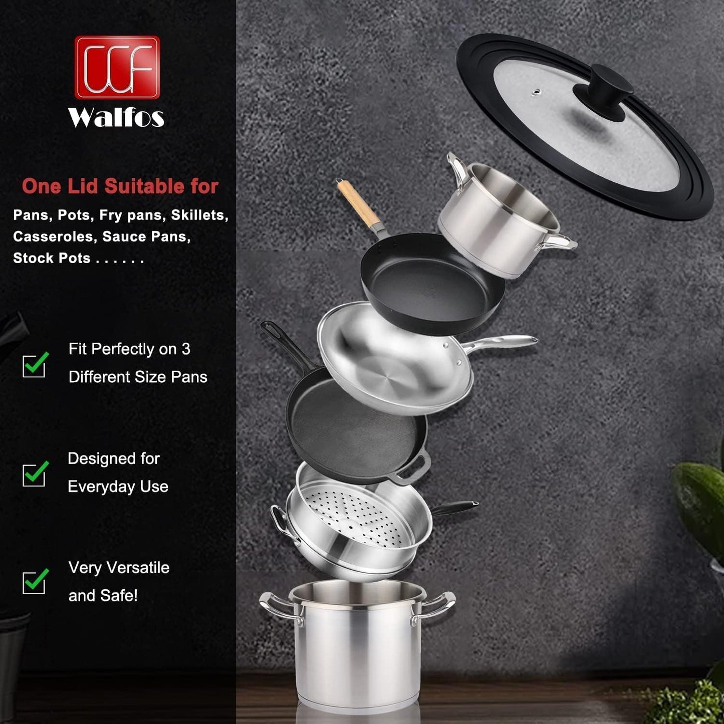 Universal Lid for Pots, Pans and Skillets - Walfos Tempered Glass Pan Lid with Heat Resistant Silicone Rim, Multi-Sizes BPA Free Pot Lids Fits 8", 9" and 9.5" Diameter Cookware, Dishwasher-Safe, Black
