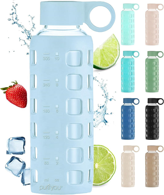 purifyou 40oz / 32oz / 22oz / 12oz Borosilicate Glass Water Bottle with Time & Volume Markers, Silicone Sleeve, Stainless Steel Lid – Reusable Glass Bottle for Water & Juice (12oz Ice Blue)