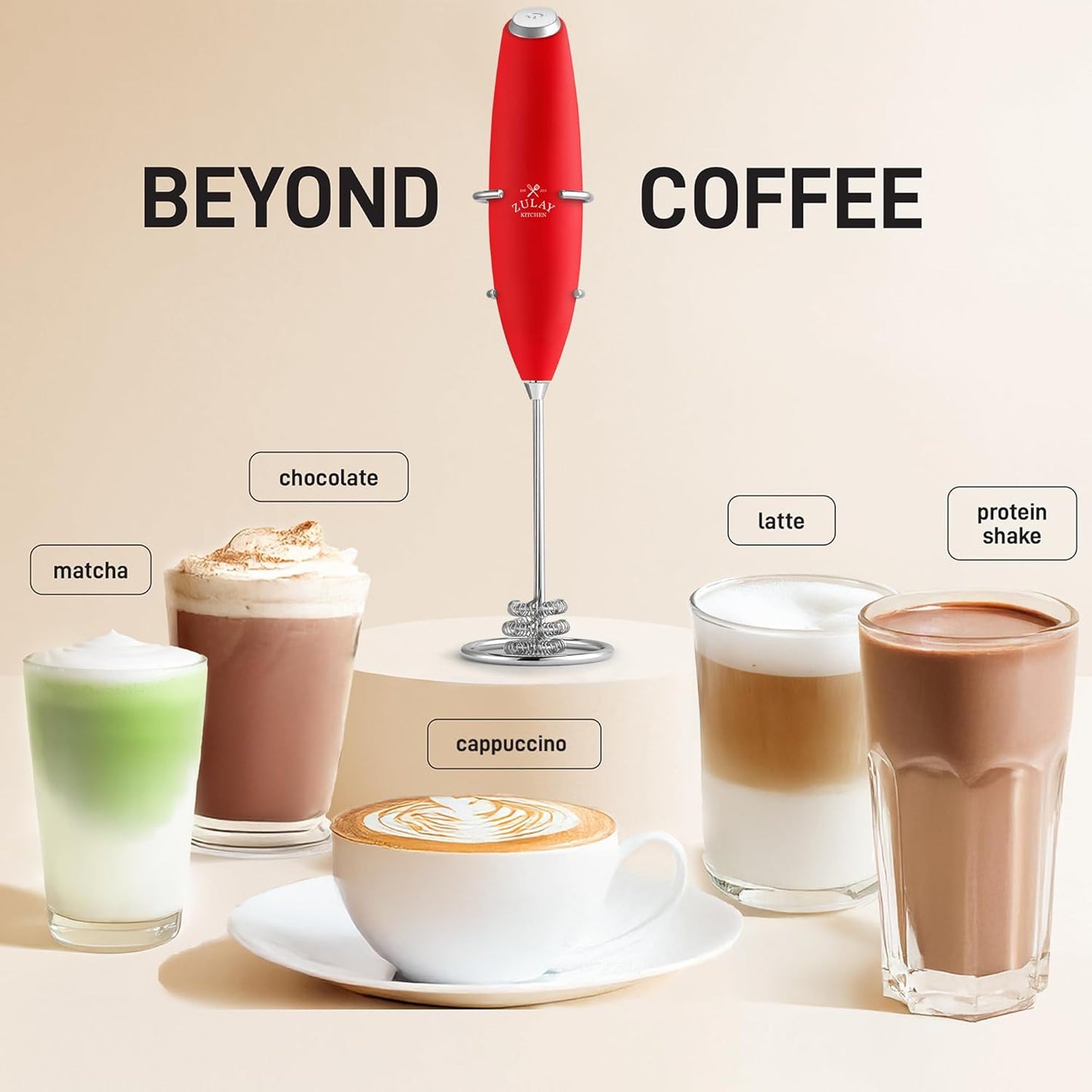 Zulay Kitchen Tornado Whisk Milk Frother with 4 AA Duracell Batteries - Triple Whisk for More Power - Handheld Coffee Frother with Stand - Drink Mixer for Lattes, Matcha & Protein Shakes