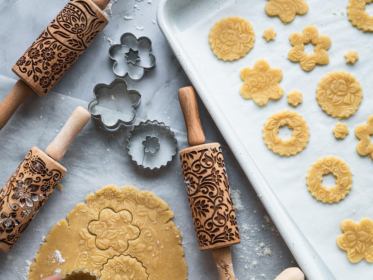 FLORET 3 Kid Rolling Pin Set with Lotus, Kashmir, Paisley, Flowering Vine, Lily Flowers Patterns. Wooden Laser Cut Mini Rolling Pins for Cookies, Play Dough, Salt Dough or Clay by Algis Crafts