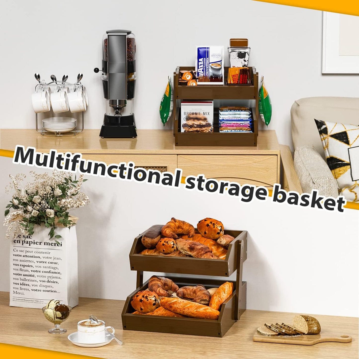 Bamboo Fruit Basket for Kitchen – 2 Tier Fruit Bowl For Kitchen Counter, Large Fruit Holder With 2 Banana Hangers, Idea For Fruit and Vegetable Storage, Bread Basket, Snack Organizer(WALNUT)