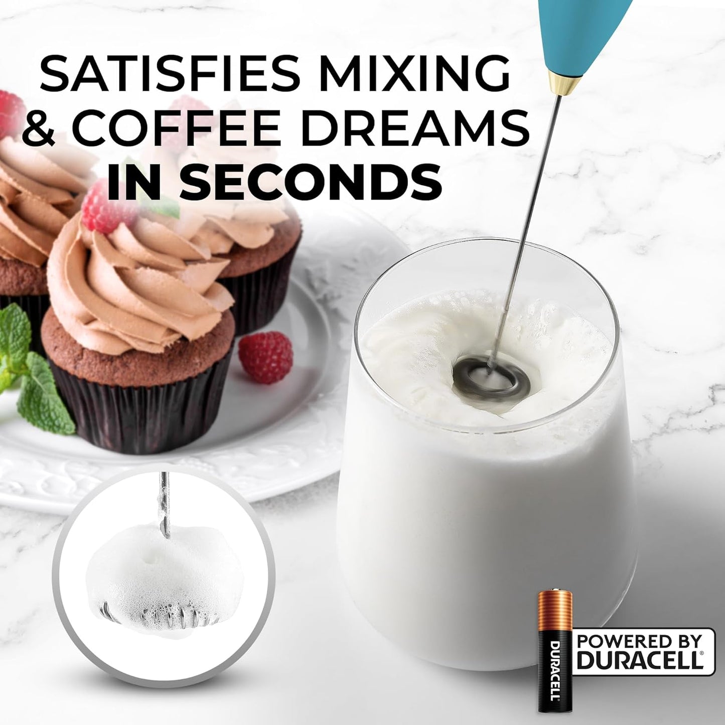 Zulay Kitchen Powerful Milk Frother Wand With 4 AA Duracell Batteries - Ultra Fast Handheld Drink Mixer - Electric Whisk Foam Maker for Coffee, Lattes, Cappuccino, Matcha & Creamer -
