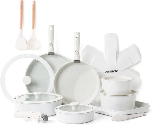 SENSARTE 24 Piece Pots and Pans Set, Nonstick Detachable Handle Cookware, Induction Kitchen Cookware Set with Removable Handle, Healthy Non Stick for RV, Dishwasher ＆ Oven Safe (White)