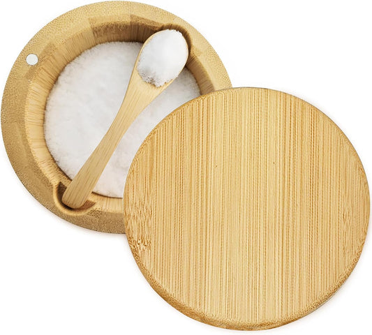 Salt Box with Lid and Spoon Bamboo Container Kitchen Spice Cellars with Swivel Lid Built in Spoon Salt Holder for Storage Sea Salt 12oz Capacity Large Keeper