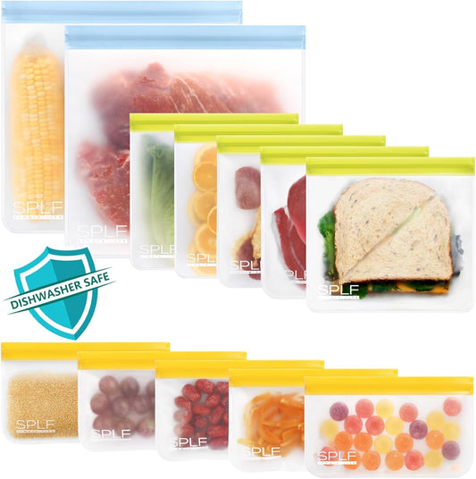 SPLF 12 Pack Dishwasher Safe Reusable Bags, Leakproof Reusable Freezer Bags, BPA Free Food Storage Bags for Lunch, Meal Prep, Marinate, Veggies, Travel - 2 Gallon 5 Sandwich 5 Snack