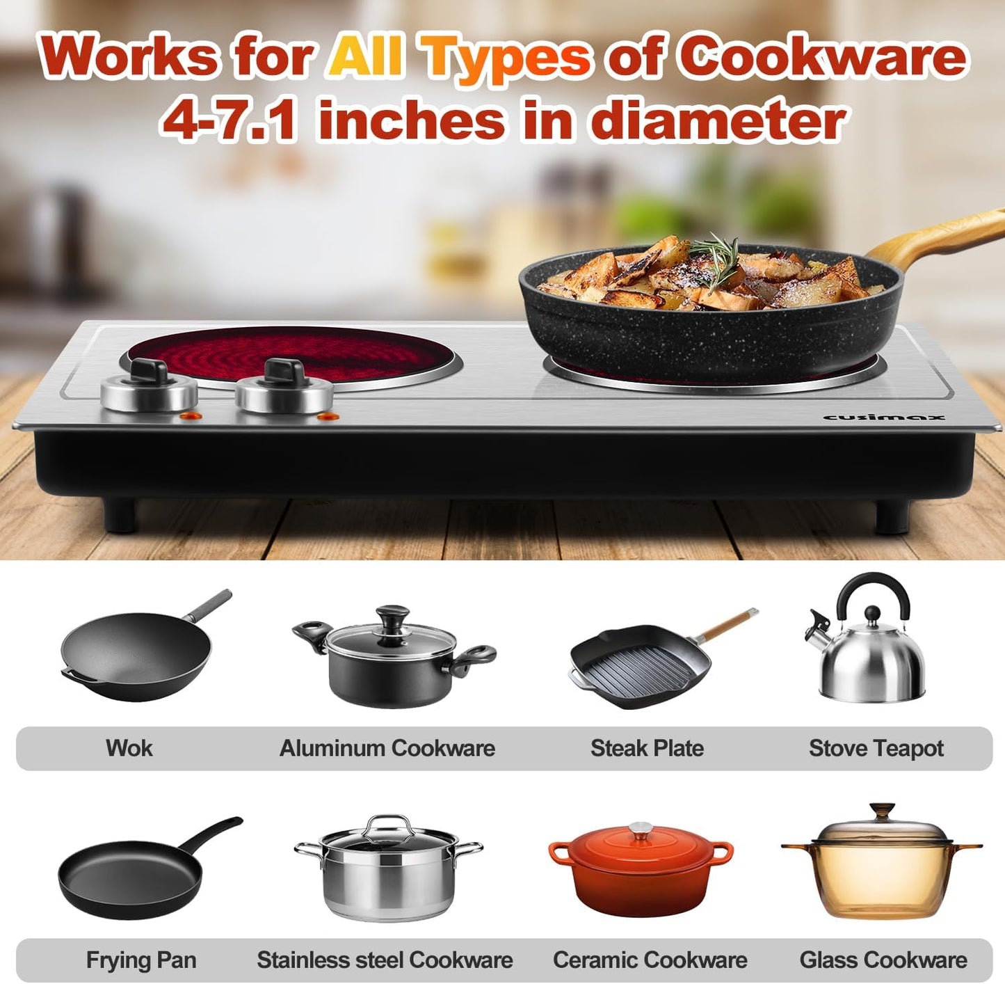 Hot Plate,Cusimax Dual Infrared Burner, Electric Ceramic Glass Stove,Adjustable Temperature Control,Stainless Steel,Compatible of all Cookware,Easy Clean for Home, Dorm, Office