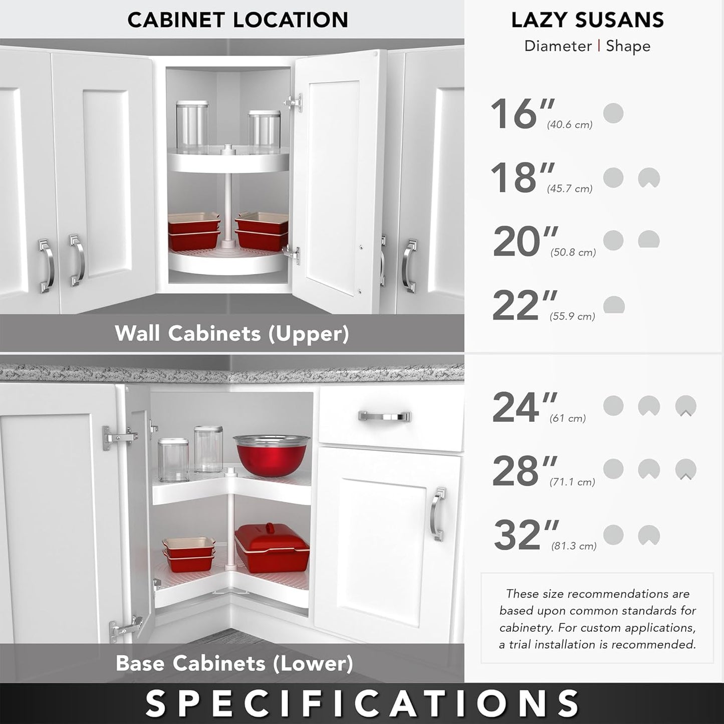 Rev-A-Shelf Dual Shelves Kidney-Shape 24" Lazy Susan Organizer for Lower Corner & Base Kitchen Cabinets, Turntable Home Storage, Wooden, 4WLS472-24-52