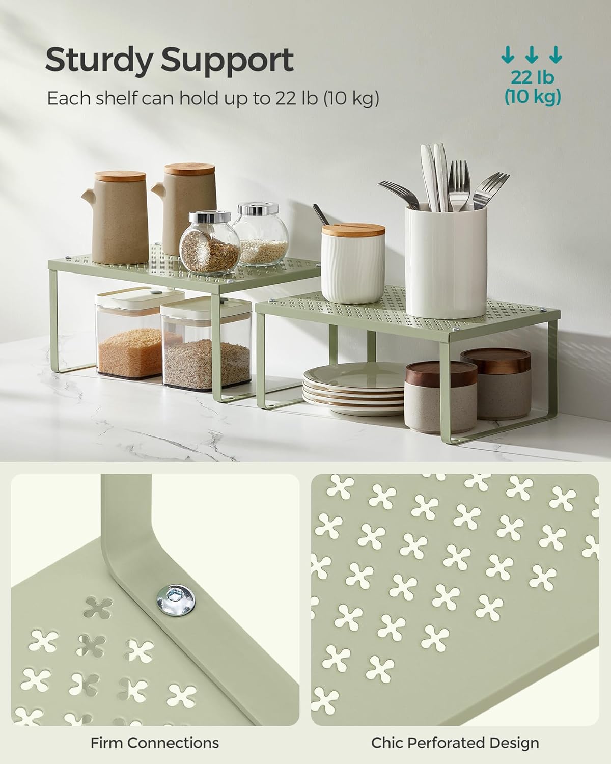 SONGMICS Spice Racks, Set of 4 Metal Cabinet Shelf Organizers, Countertop Organizers, Shelf Risers, Stackable, Expandable, Sage Green UKCS006C01