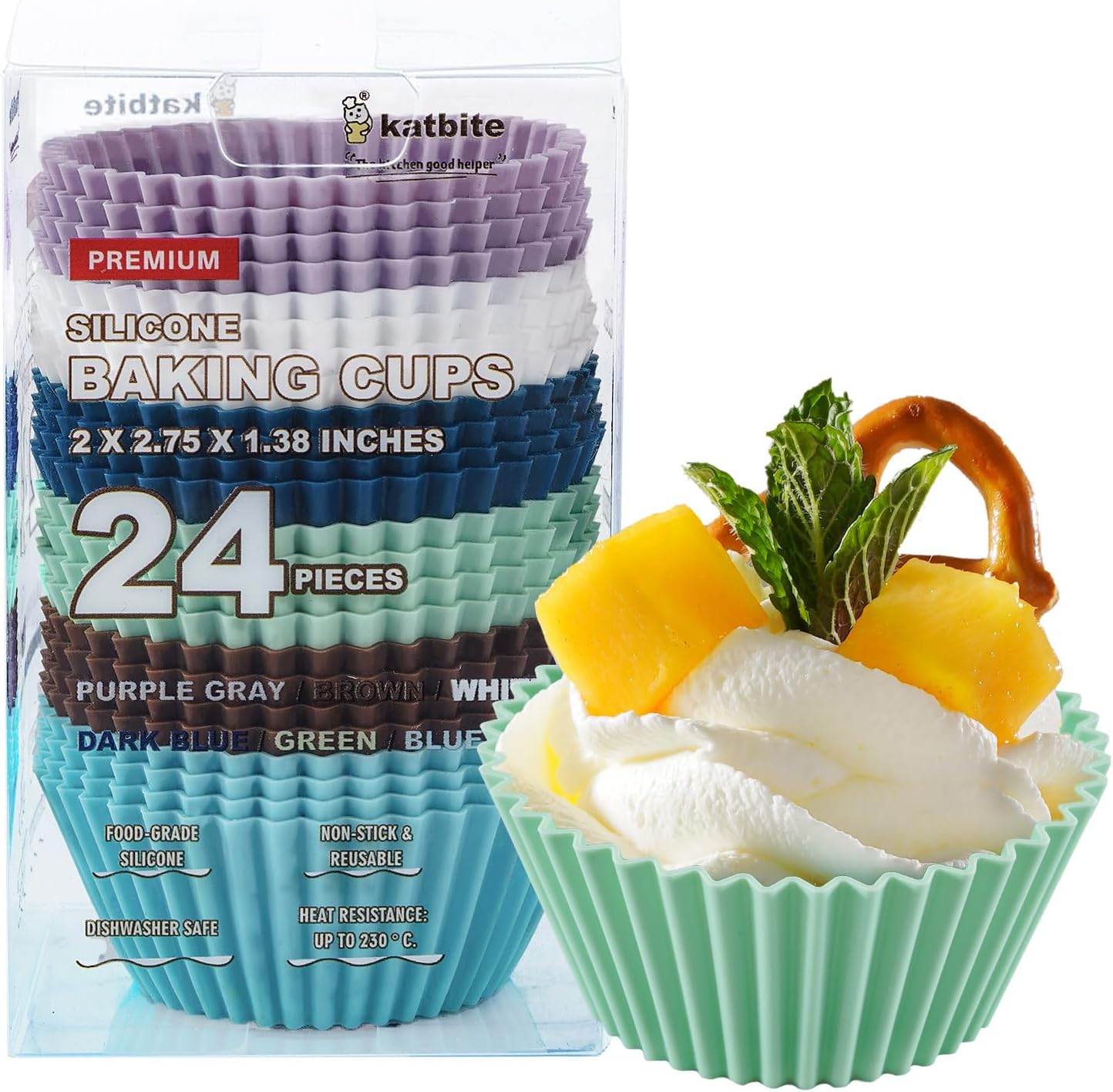 Silicone Cupcake Baking Cups Katbite 24 Pack Silicone Baking Cups Reusable Non-stick Heavy Duty Cupcake Liners for Baking Soft Pale Muffins Cups for Party Halloween Christmas