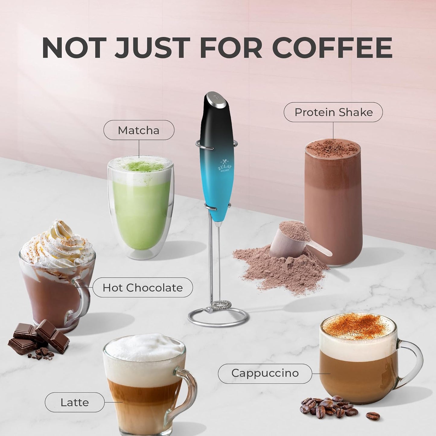 Zulay Powerful Milk Frother Handheld Foam Maker for Lattes - Whisk Drink Mixer for Coffee, Mini Foamer for Cappuccino, Frappe, Matcha, Hot Chocolate by Milk Boss - Marine