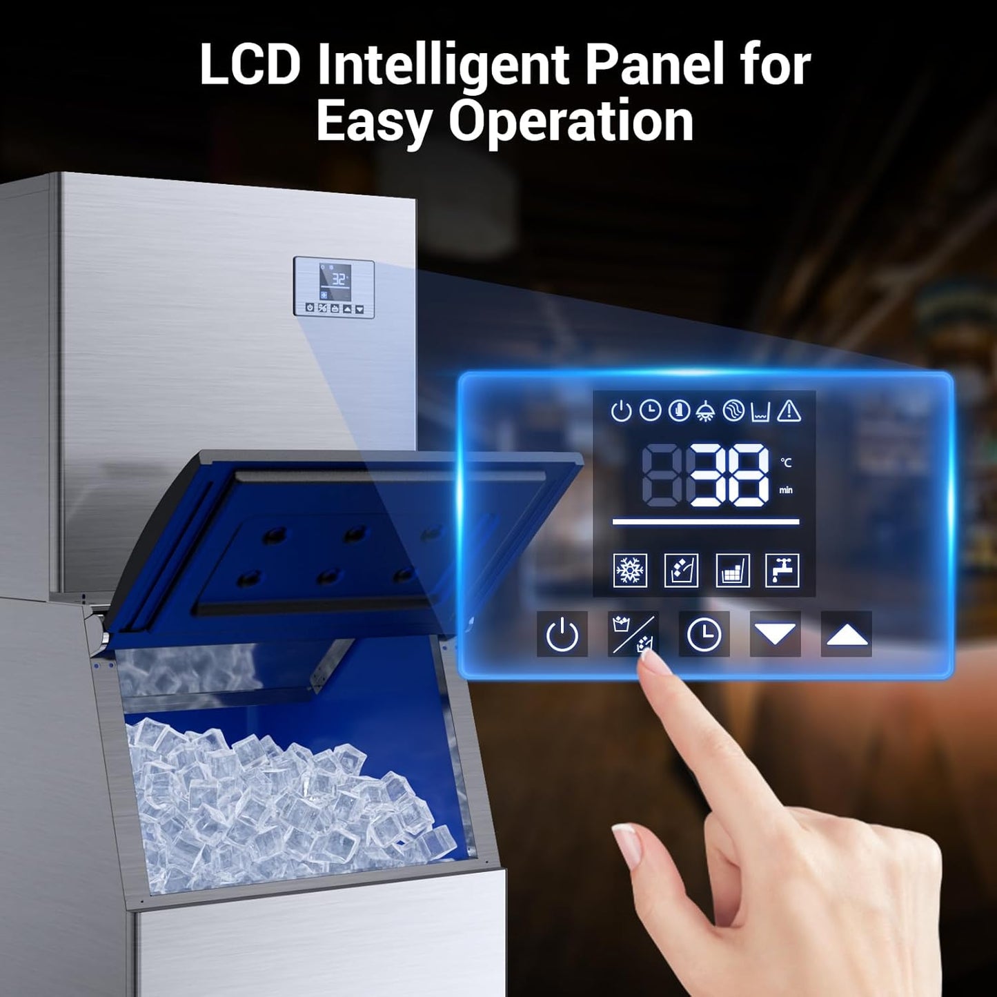 Commercial Ice Machine Maker 650lbs/24H, Large Capacity 400lbs, Stainless Steel Electric Ice Machine with Self Cleaning Function,12 Adjustable Ice Thicknesses