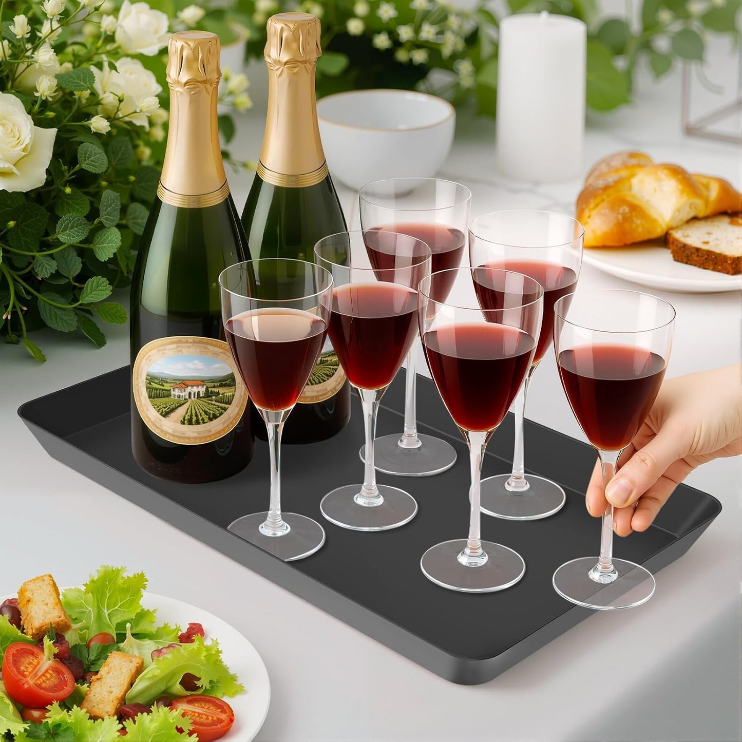 WOWBOX 5 pcs Serving Tray for Entertaining, Serving Platters for Snacks, Fruit, Cookies, Dessert, Reusable Plastic Trays for Serving Food and Pantry Organization in Kitchen & for Parties, (Black)