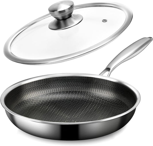 Stainless Steel Frying Pan with Lid - 9.5 Inch Nonstick Frying Pan with Lid, Honeycomb Stainless Steel Skillet Omelet Chef's Pan with Stay Cool Handle, Induction Compatible, PFOA Free