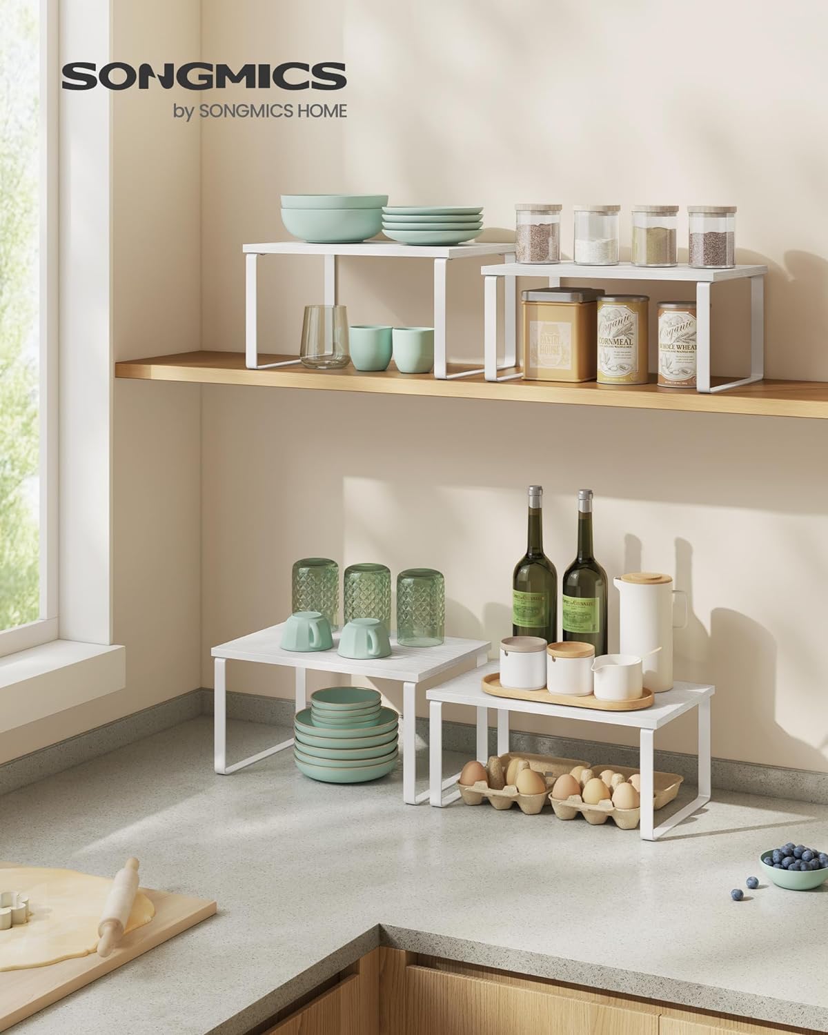 SONGMICS Cabinet Organizer Shelf, Set of 2 Kitchen Counter Shelves, Kitchen Storage, Spice Rack, Stackable, Expandable, Metal and Engineered Wood, Cloud White and Snow White UKCS02W01