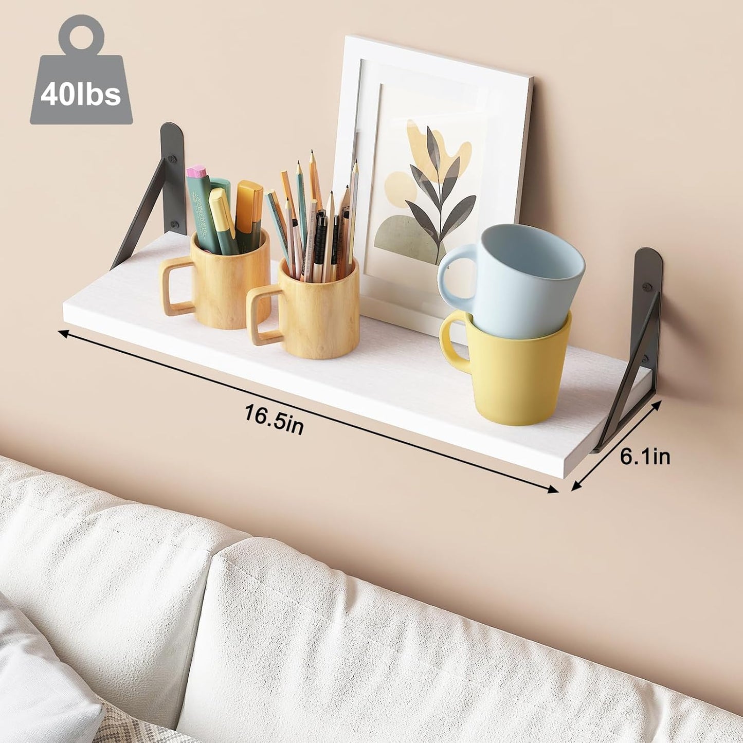 YGEOMER 16.5 Inch Floating Shelves for Wall, Farmhouse Wall Shelves for Bedroom, Bathroom Storage, Living Room and Kitchen Decor (Set of 6 White)