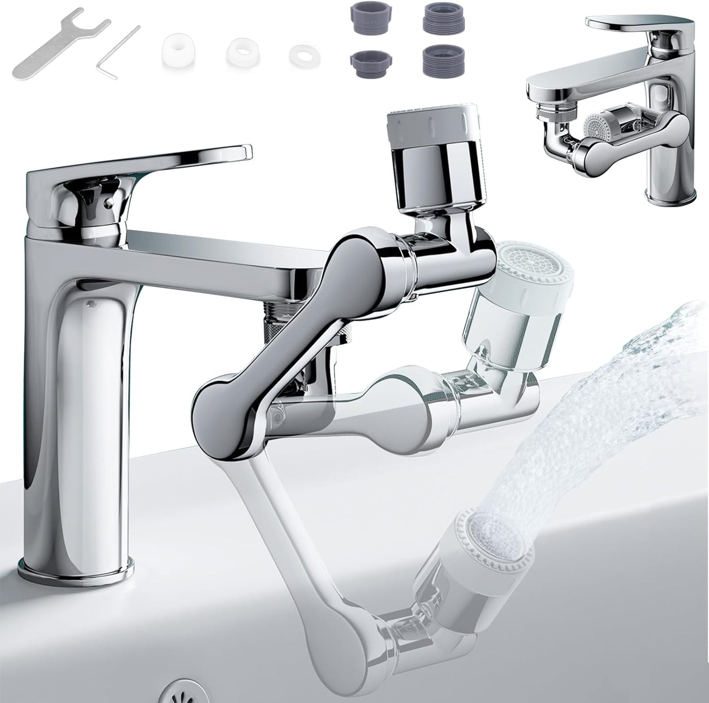 Swivel Sink Faucet Extender with 3 Axis Rotation, Butalso 3 Way Foldable Splash Filter Faucet Aerator, Kitchen/Bathroom Sink Adapter Sprayer Attachment for Gargle, Eyewash and Rinse