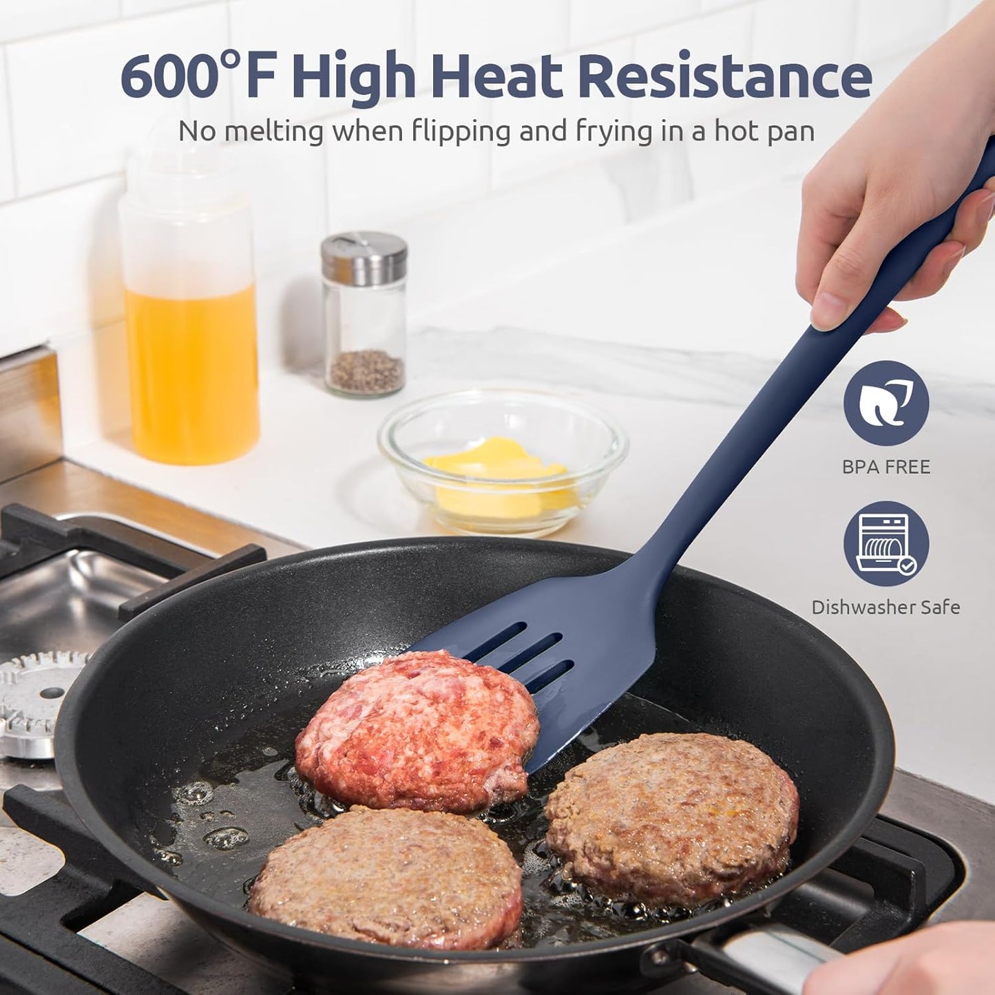 600ºF Heat Resistant Slotted Turner: U-Taste 13.6" Silicone Kitchen Spatula Flipper, 3.74in Wide Food Grade Flexible Rubber Cooking Utensil for Egg, Pancake, Cookie, Nonstick Cookware-Midnight Blue