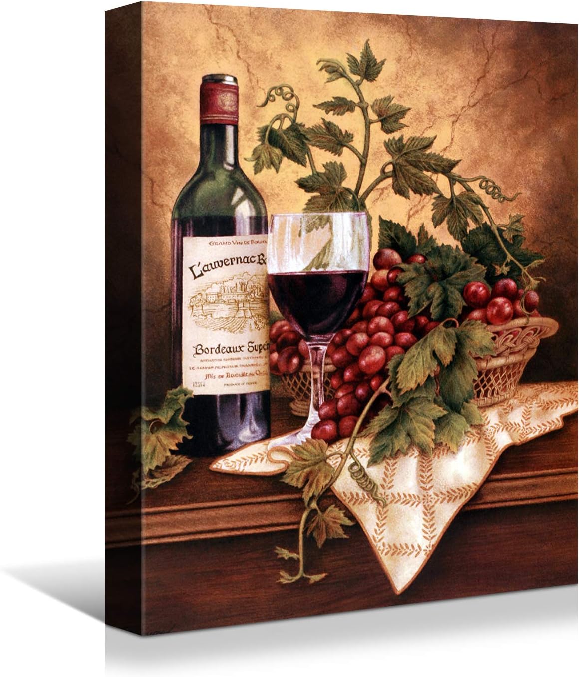 Looife Vintage Wine Bottle & Grapes Canvas Wall Art - Kitchen, Dining Room, Bar Decor - 12x16 inch, Ready to Hang Modern Art Deco