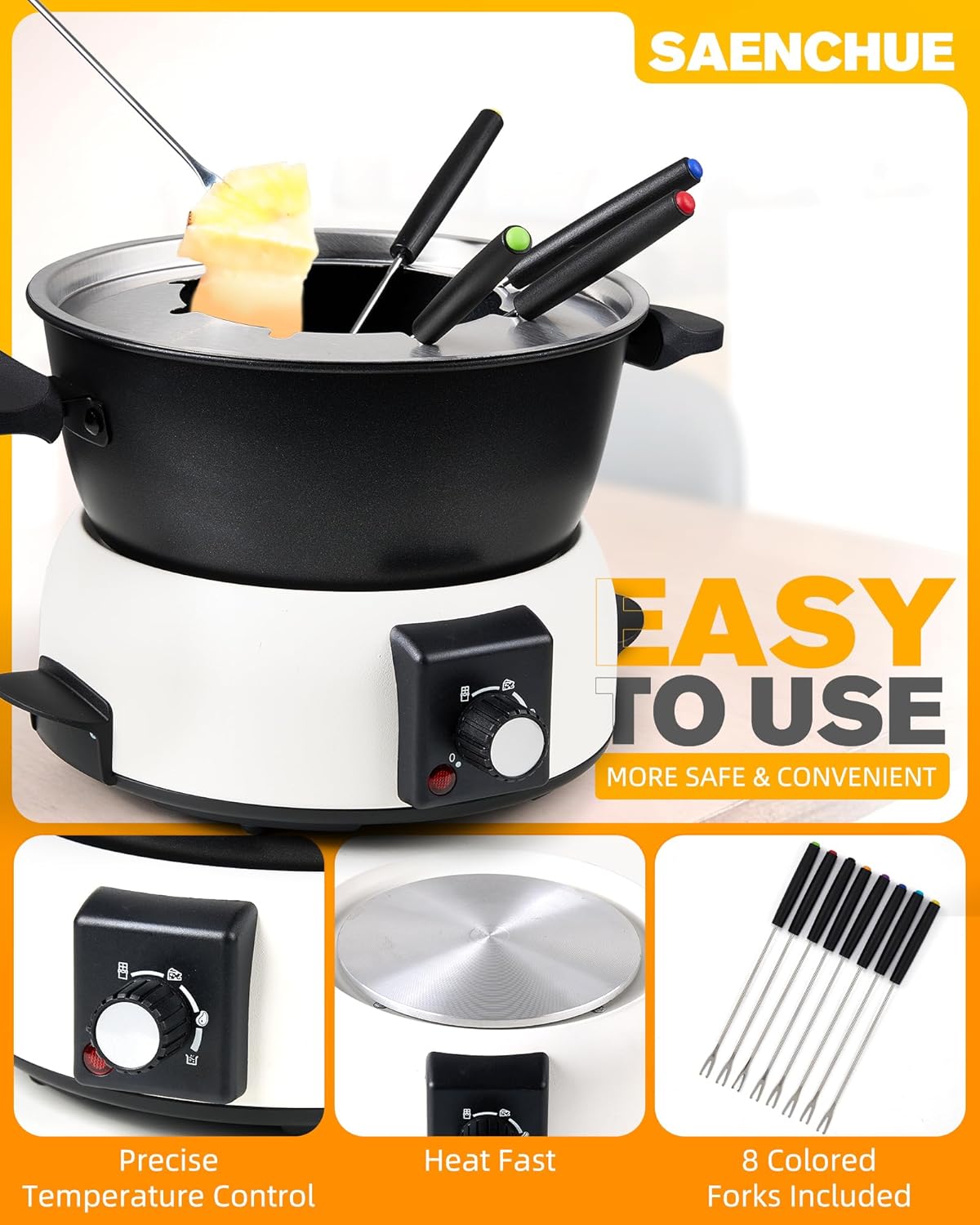 3-Quart Electric Fondue Pot Set – Stainless Steel Fondue Pot with 8 Color-Coded Forks, 3-Mode Adjustable Temperature Control for Cheese, Chocolate, Oil, and Hotpot, Model FD-10B
