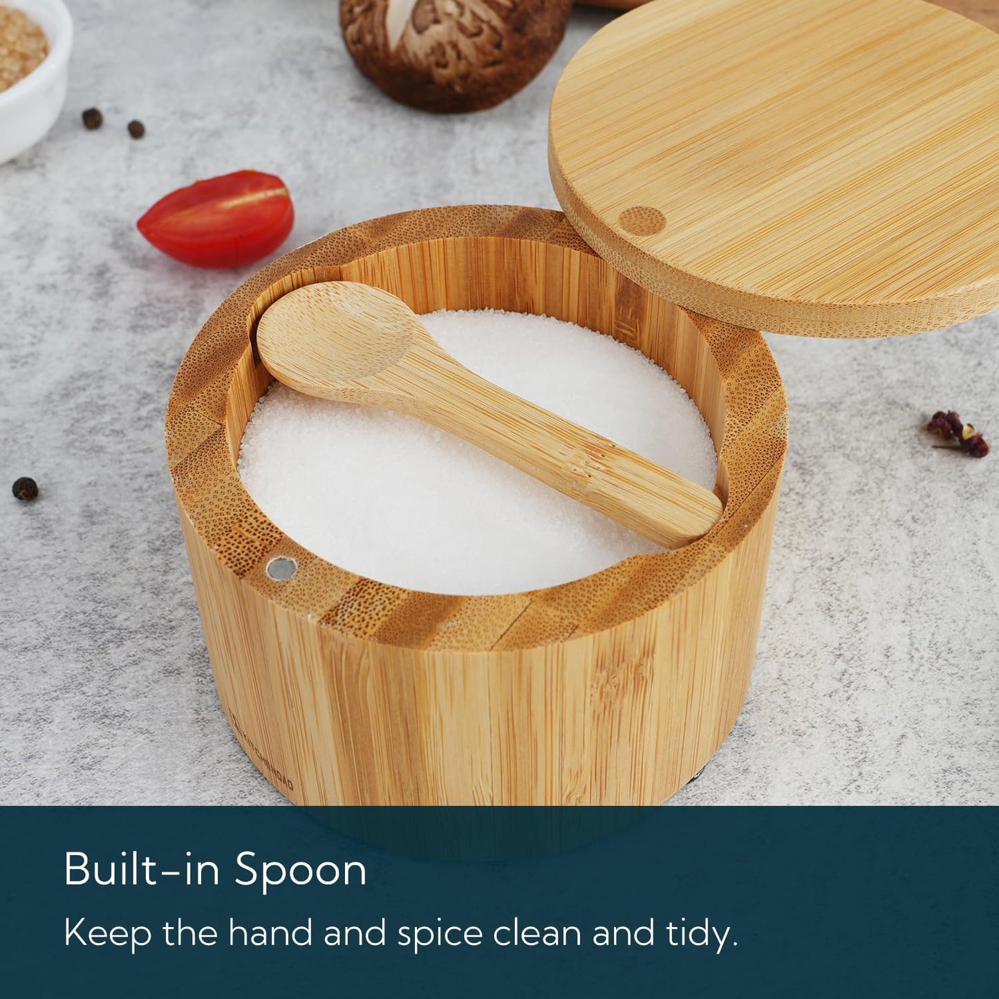 KITCHENDAO Bamboo Salt Cellar Bowl Box Container with Built-in Spoon, Elegant Kitchen Salt Dish Holder Saver Jar with Swivel Magnetic Lid to Storage Pepper Spice, 6OZ
