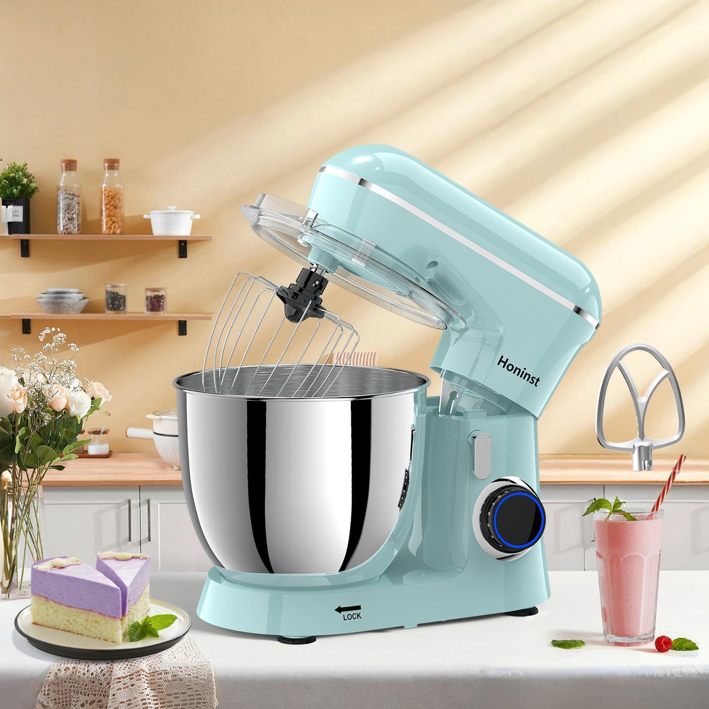 Stand Mixer, 6.5QT 10-Speed Tilt-Head Electric Stand Mixer, 3-In-1 Kitchen Mixer with Bowl, Dough Hook, Whisk and Beater, Food Mixer for Baking, Cake and Most Home Cooks, Blue