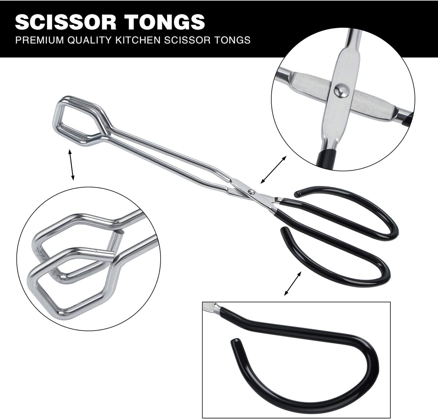 MSY BIGSUNNY Stainless Steel Scissor Tongs Heavy Duty Cooking Tongs with Soft Handles (1, black 10")