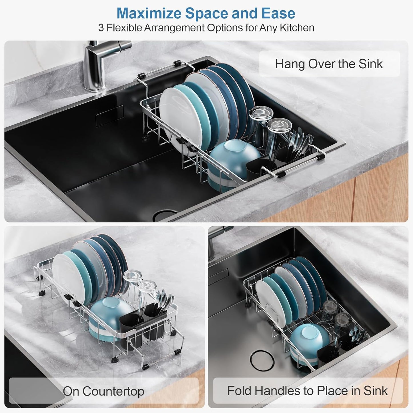 GSlife Small Sink Dish Drying Rack - Stainless Steel Capacity Extendable Narrow Dish Drainer for RV Sink Apartment Kitchen, 11.9“-16.7” L x 9" W x 5.7" H, Silver