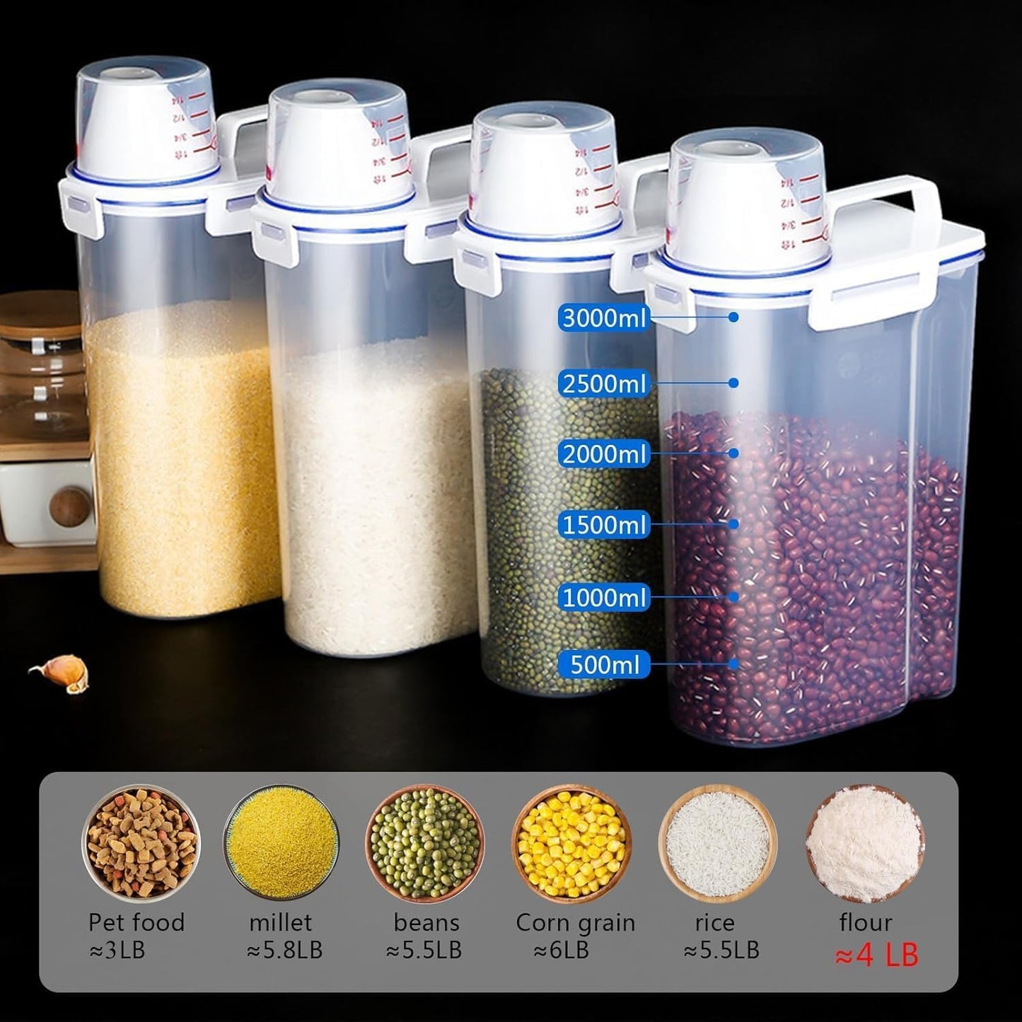 4 sets 3-5 LB Rice Storage Bin Flour Cereal Containers Dispenser with BPA Free + Measuring Cup + Pour Spout - Perfect for Rice Flour Baking Supplies Pet Dog Food Storage