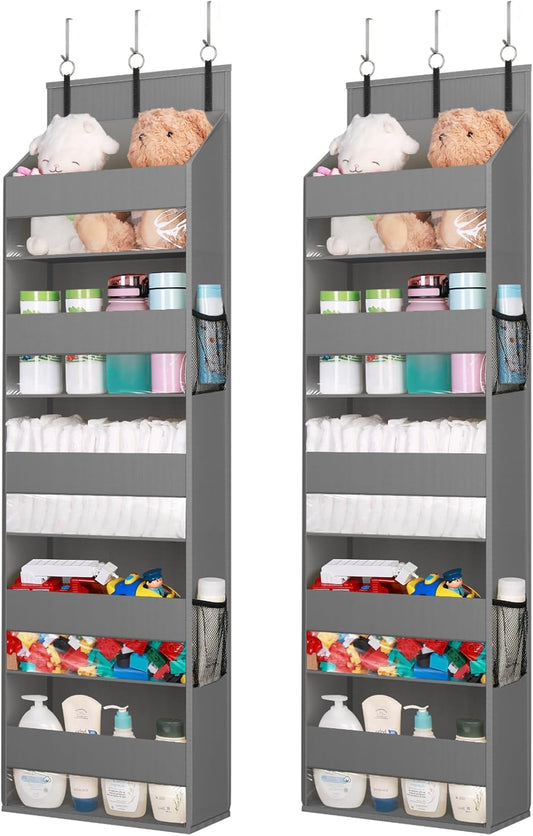 Lifewit 2 Pack Over the Door Organizer, 5 Shelf Clear Window Hanging Storage with 4 Mesh Side Pockets, Anti Tilt 40 lbs Load Behind Door for Pantry, Nursery, Bathroom, Bedroom, Kitchen, Dorm, Gray