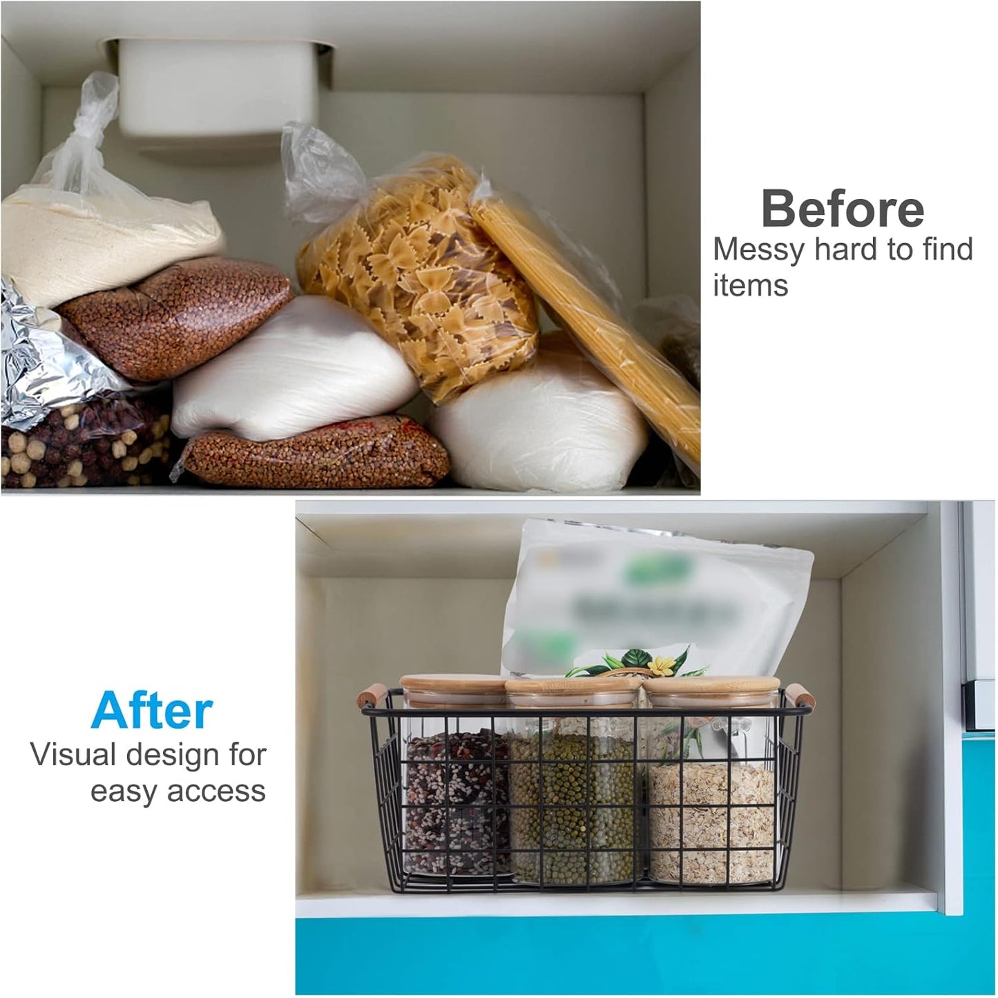 Wire Basket 2 Pcs Wire Storage Baskets Wire Baskets Organizing with Wooden Handles Wire Basket Pantry Organization and Storage Metal Wire Food Storage Basket for Kitchen, Cabinets (Black 2PCS)