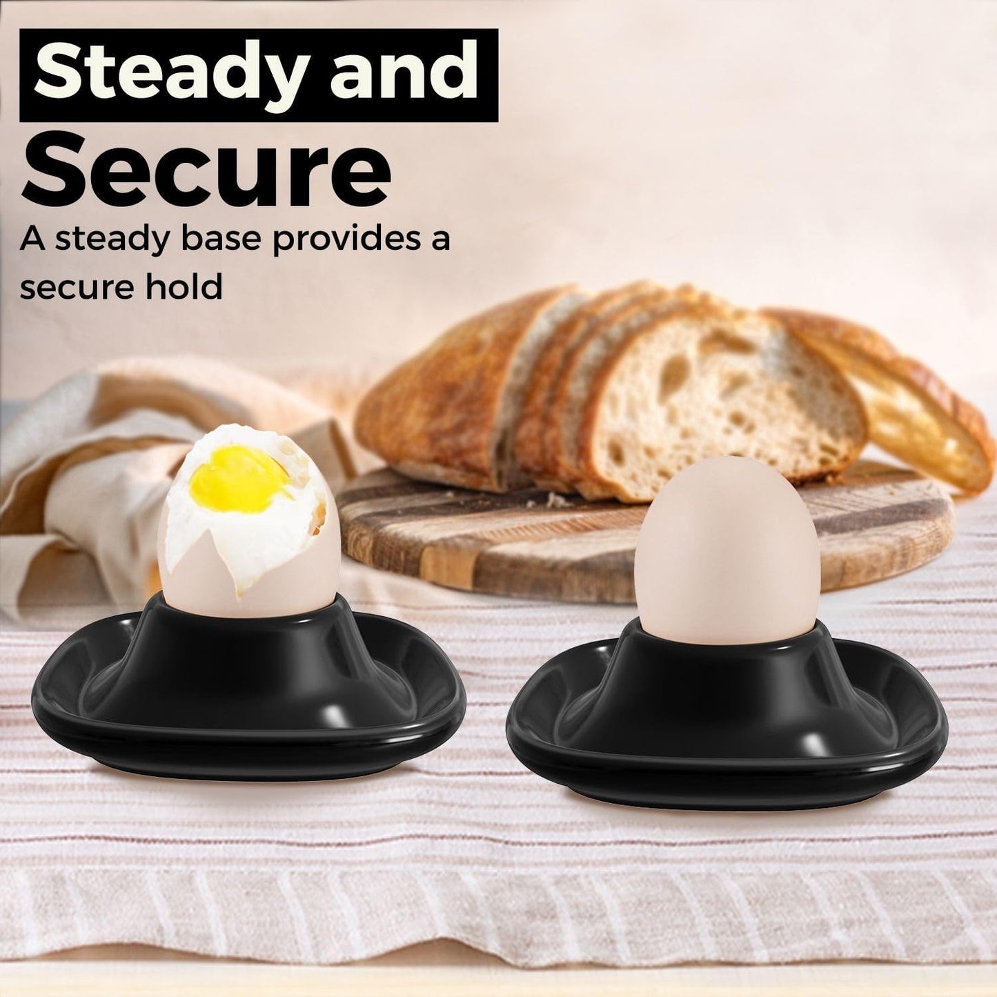 Flexzion Soft Boiled Egg Holder Set - 4-Piece Black Ceramic Egg Cup, Stackable Egg Coddler Cups with Base for Serving, Breakfast, Brunch - Kitchen Table Decor, Black