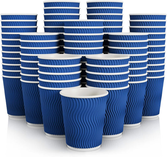 JollyPack 120 Pack 8 oz Paper Coffee Cups, Blue Disposable Beverage Cups with Insulated Ripple Wall for Coffee, Tea, and Hot Chocolate